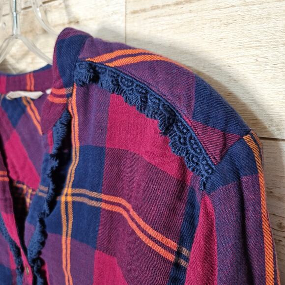 Soft Surroundings Ellesmere Double Flannel Long Sleeve Button Medium Crochet Top - Picture 5 of 14